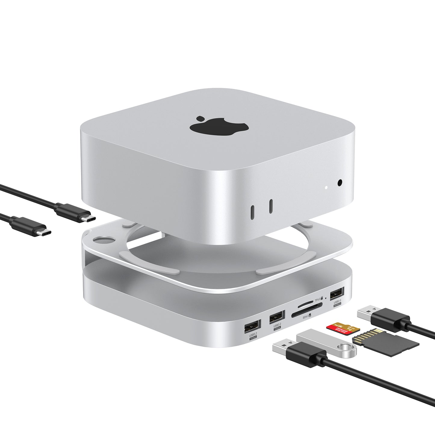 Mac Mini M4/M4 Pro 9 in 1 Aluminum Hub and Stand with M.2 NVMe SSD Enclosure, 10Gbps USB-A*2, SD/TF Card Readers, USB 2.0