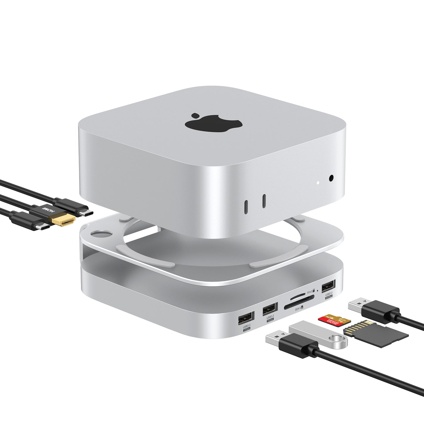 Mac Mini M4 Hub, 10 in 1 Aluminum Mac Mini Stand and Dock for Mac Mini M4/M4 Pro with M.2 NVMe SSD Enclosure, 4K60hz HDMI, 10Gbps USB-A*2, SD/TF Card Readers, USB 2.0 | Mac Mini 2024 Accessories