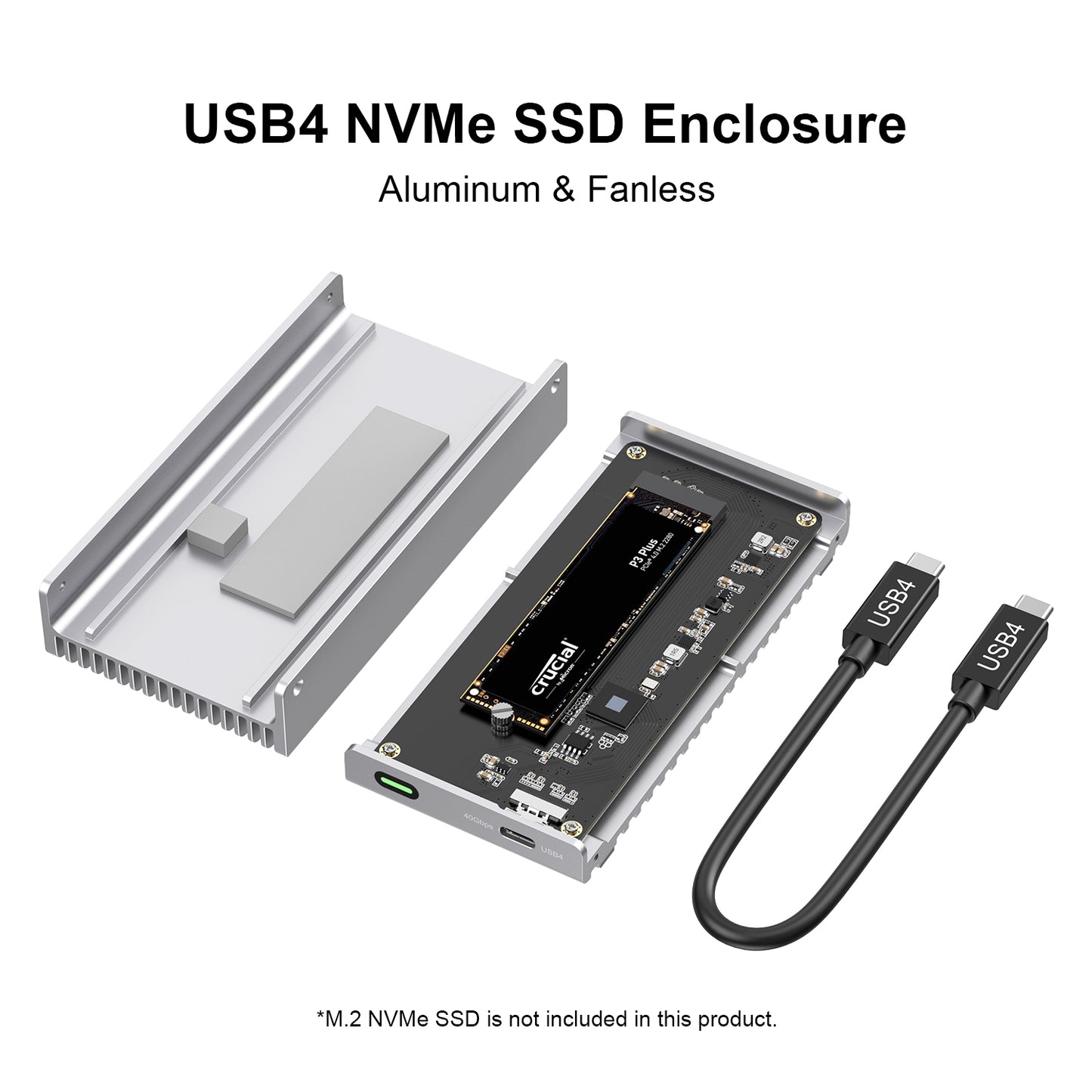 Fanless Speedy 40Gbps M.2 NVMe SSD Enclosure, USB4/Thunderbolt 4 Aluminum External NVMe Enclosure with Finned Dustproof Cooling Design, Supports M.2 NVMe PCIe SSD up to 8TB（Silver