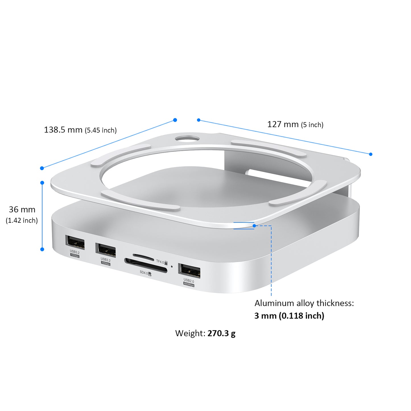 Mac Mini M4/M4 Pro 9 in 1 Aluminum Hub and Stand with M.2 NVMe SSD Enclosure, 10Gbps USB-A*2, SD/TF Card Readers, USB 2.0