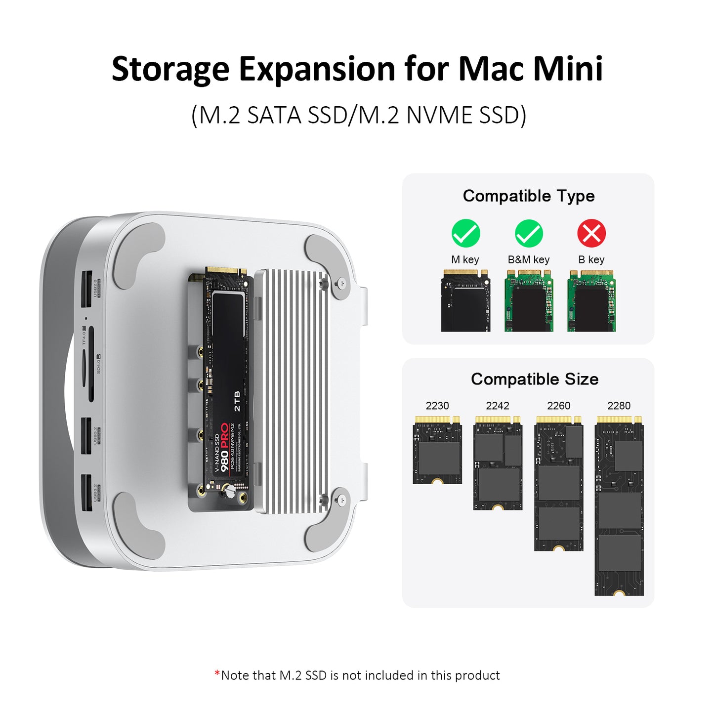 Mac Mini M4/M4 Pro 9 in 1 Aluminum Hub and Stand with M.2 NVMe SSD Enclosure, 10Gbps USB-A*2, SD/TF Card Readers, USB 2.0