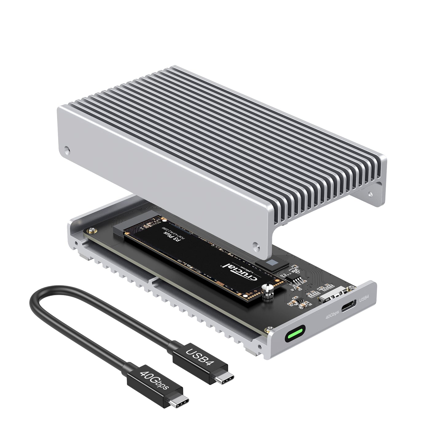 Fanless Speedy 40Gbps M.2 NVMe SSD Enclosure, USB4/Thunderbolt 4 Aluminum External NVMe Enclosure with Finned Dustproof Cooling Design, Supports M.2 NVMe PCIe SSD up to 8TB（Silver